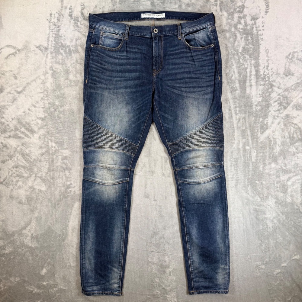 Express Alec Super Skinny Jeans Mens Size 36x34 Blue Dark Wash Moto Ribbed Denim